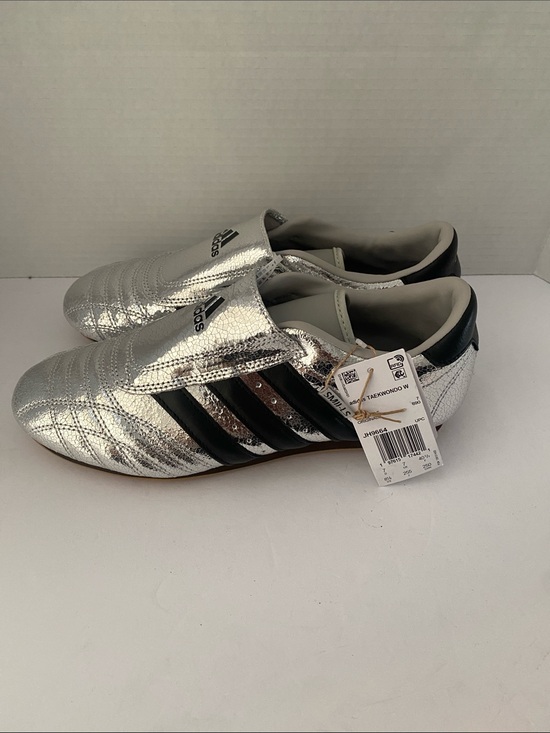 adidas Shoes - adidas Metallic Silver Taekwondo -Inspired Slip-Ons with Black Stripes size 8.5